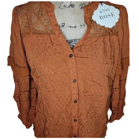 Knox Rose Small Orange Button-up, Long Sleeve Blouse - Picture 1 of 3